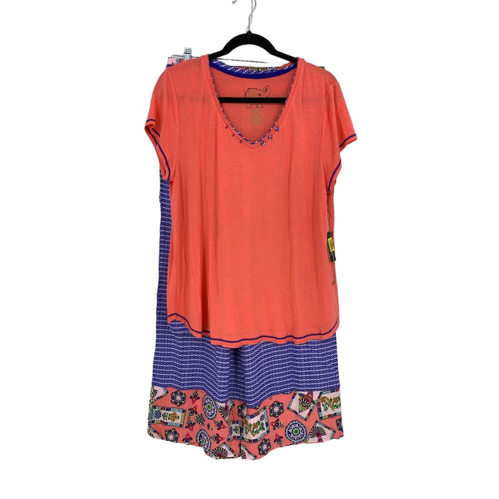 Bolly Doll Pajama Set Womens Sz Medium Short Sleeve Tee + Pants Coral Blue Print